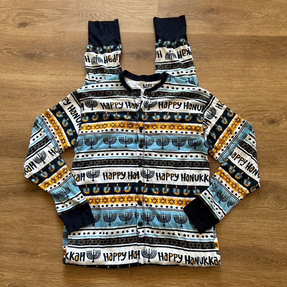 Lazy One Happy Hanukkah Flapjack Union Suit Pajamas Mens Large Blue Cotton L